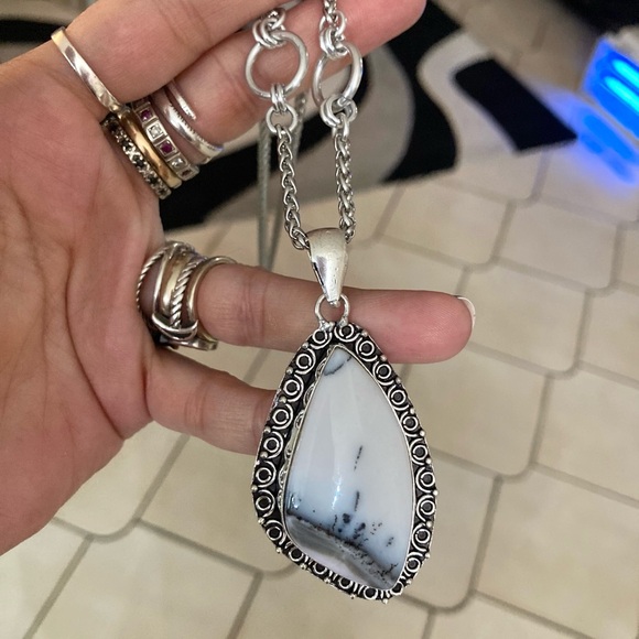 925 sterling silver overlay white grey agate gemstone charm boho stone necklace - Picture 13 of 14